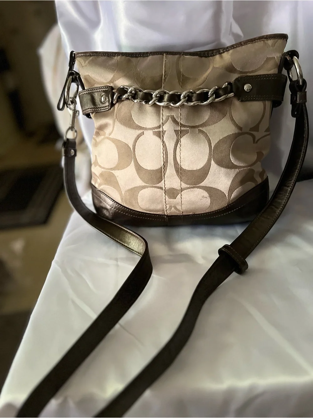 Coach Khaki Signature Jacquard Crossbody with Chocolate Leather Trim